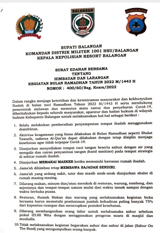 Himbauan Pemerintah Kabupaten Balangan melalui Surat Edaran Bersama No. 400/60/Bag. Kesra/2022, yang ditandatangani Bupati Balangan, Dandim 1001 Amuntai-Balangan dan, Kapolres Balangan.