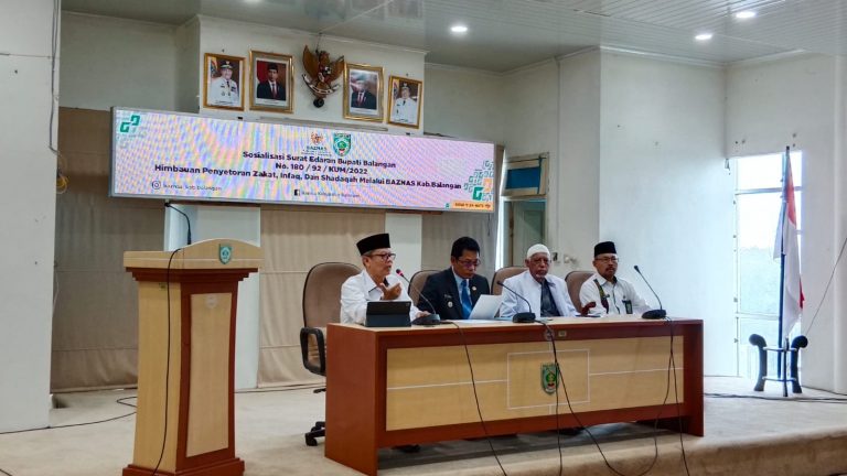 sosialisasi surat edaran Bupati Balangan No.180/92/KUM/2022 tentang himbauan penyetoran zakat, infaq dan shodaqoh melalui BAZNAS Kabupaten Balangan, di Aula Benteng Tundakan Kantor Bupati Balangan, Senin (17/10/2022).