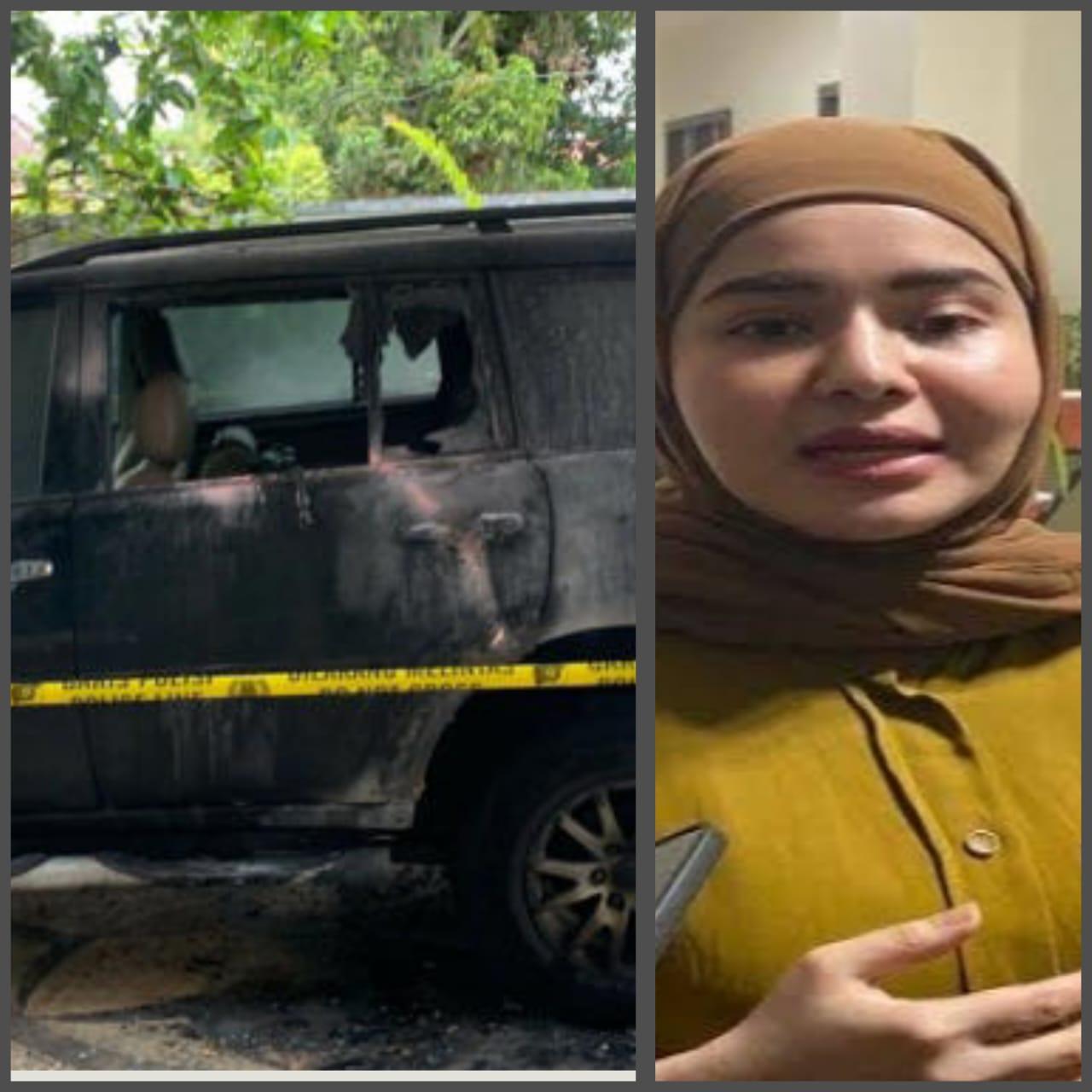 Jihan Hanifha dan Mobil Pajero yang terbakar di beri garis polisi (Foto Jihan Ardi For LK-5W1H)