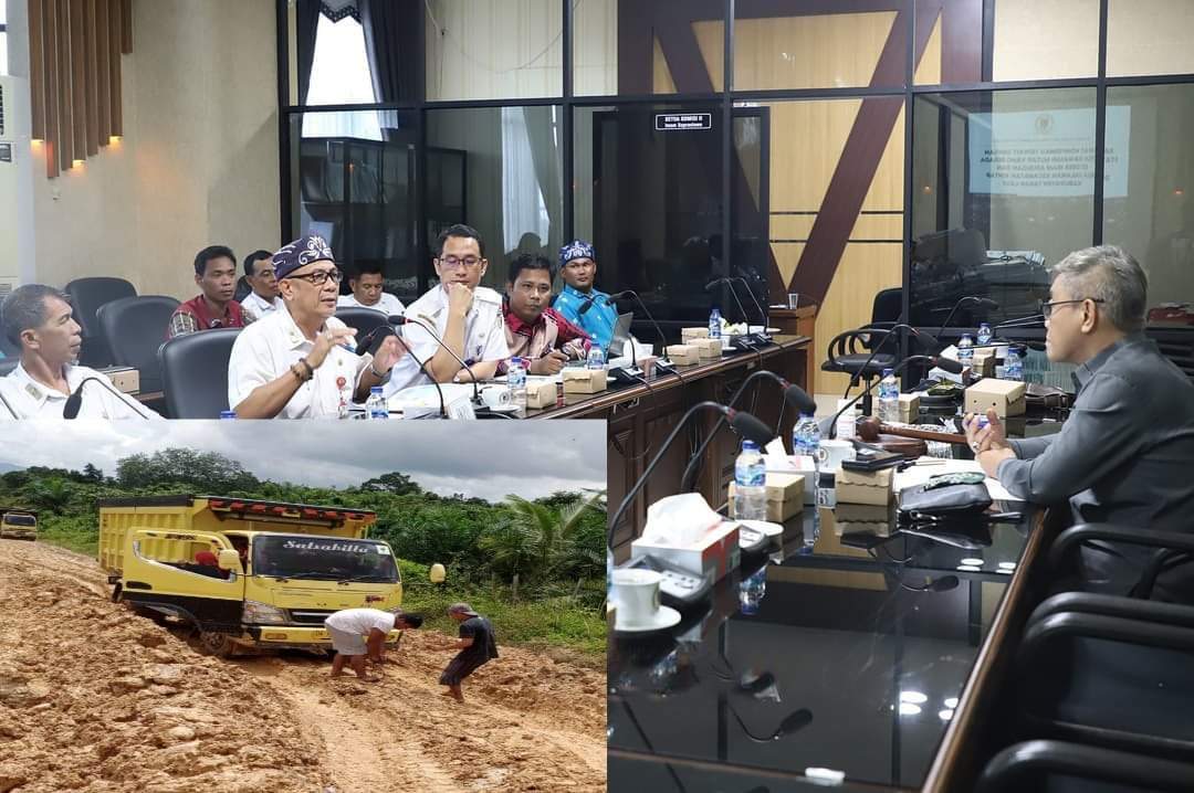 Pemkab Tala mengadu ke Komisi II DPRD Provinsi Kalimantan Selatan, terkait kejelasan status jalan menuju dua desa di Kecamatan Kintap, bertahun lamanya tidak pernah ada perbaikan dan pengaspalan. Kondisi jalan tanah sulit dilalui pengendara. Foto: Dok Prokopim for lenterakalimantan.com