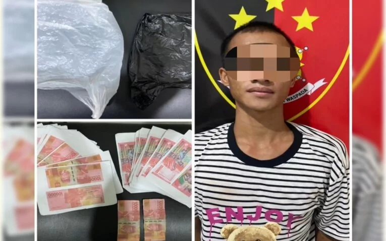 Barang bukti dan tersangka kasus peredaran uang palsu diamankan polisi. Foto: Dok. Humas Polres HSS