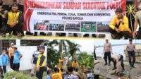 Kekompakan bersama instansi lain melaksanakan aksi bersih-bersih di lingkungan sekitar Mako Polres Batola. 13/7/2023. Sumber : Humas Polres Batola for LK 5W 1H