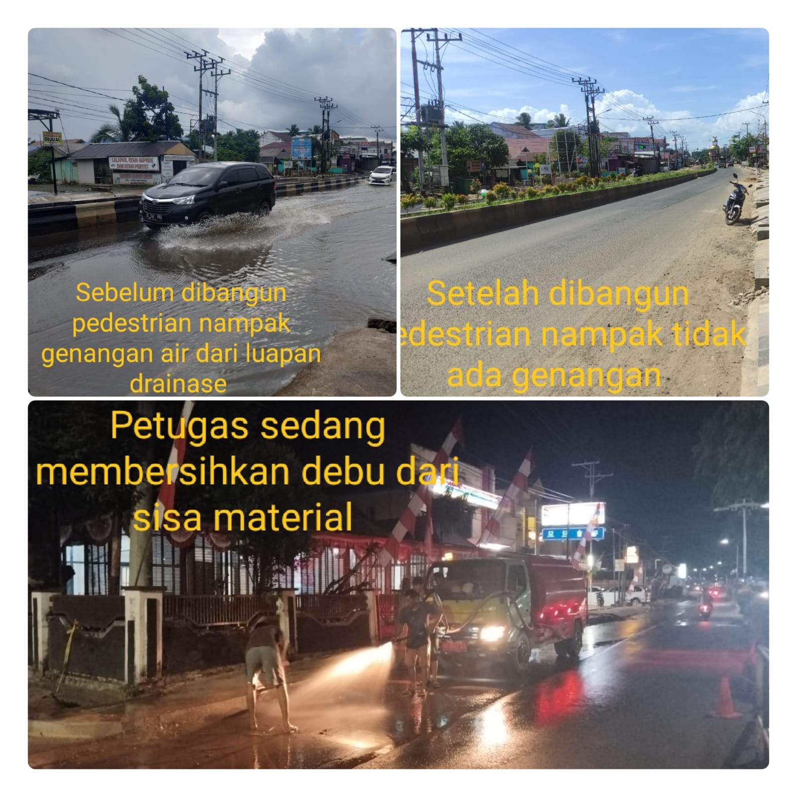 Pembangunan pedestrian di sepanjang jalan Ahmad Yani, Kelurahan Angsau, Kecamatan Pelaihari. Foto tampilan sebelum dibangun dan sesudah. Sumber: Arsip lenterakalimantan.com/Asep