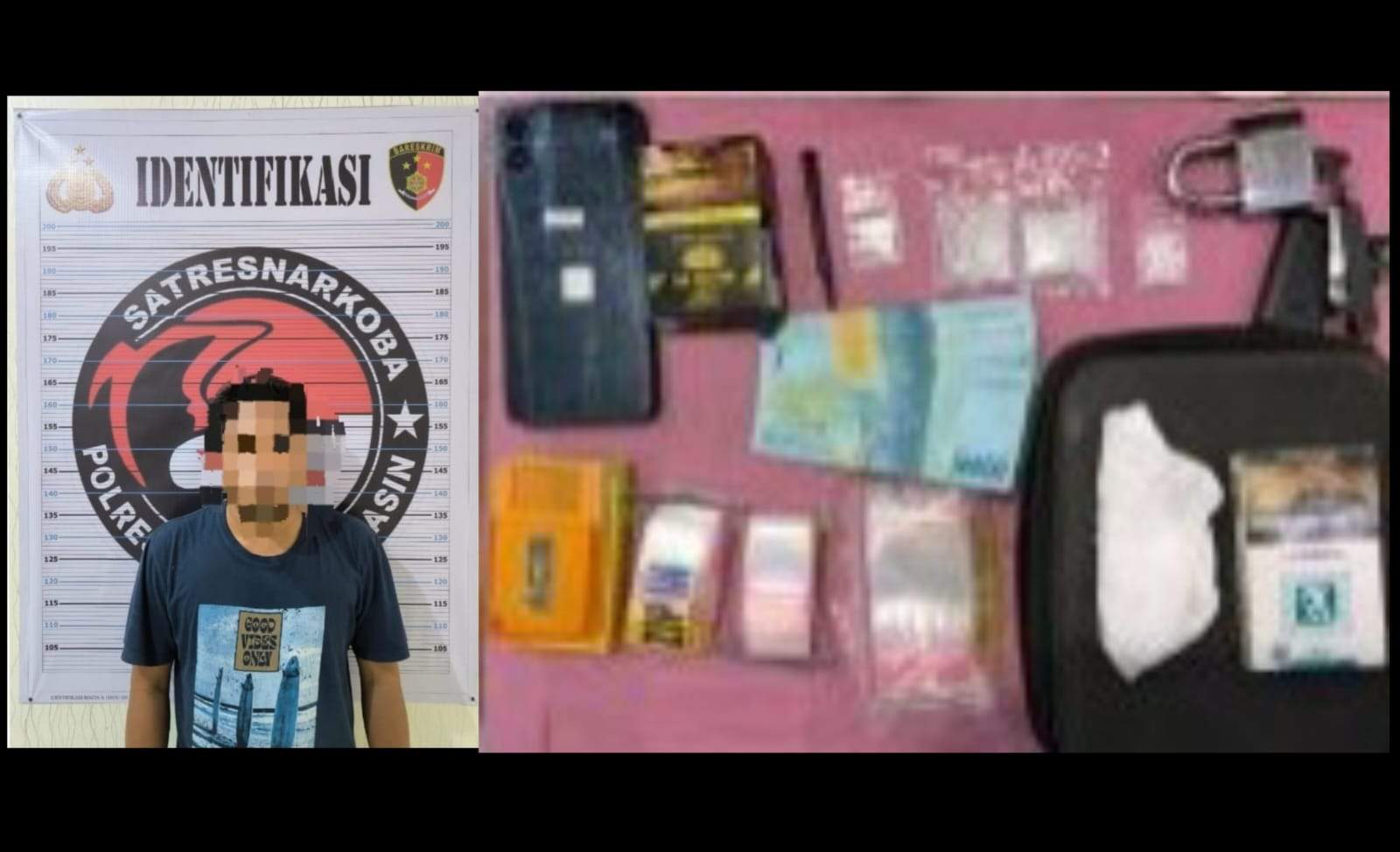 Jimmy Heldi Prayitno (34) selaku pelaku pengedar narkotika beserta barbuk yang diamankan pihak kepolisian. Foto: Satresnarkoba Polresta Banjarmasin.