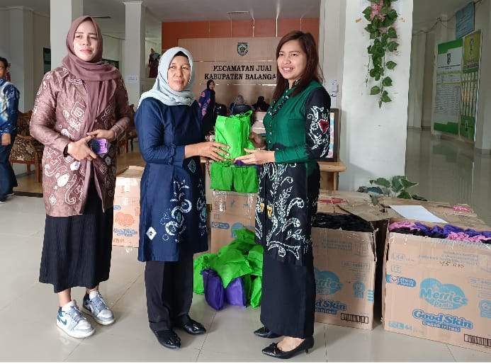 Sekcam Juai Erliyanti saat menerima bantuan makanan olahan yang terbuat dari bahan ikan oleh Dinas Ketahanan Pangan Kabupaten Balangan untuk 167 warga yang berisiko mengalami stunting. Foto: Humas Kecamatan Juai