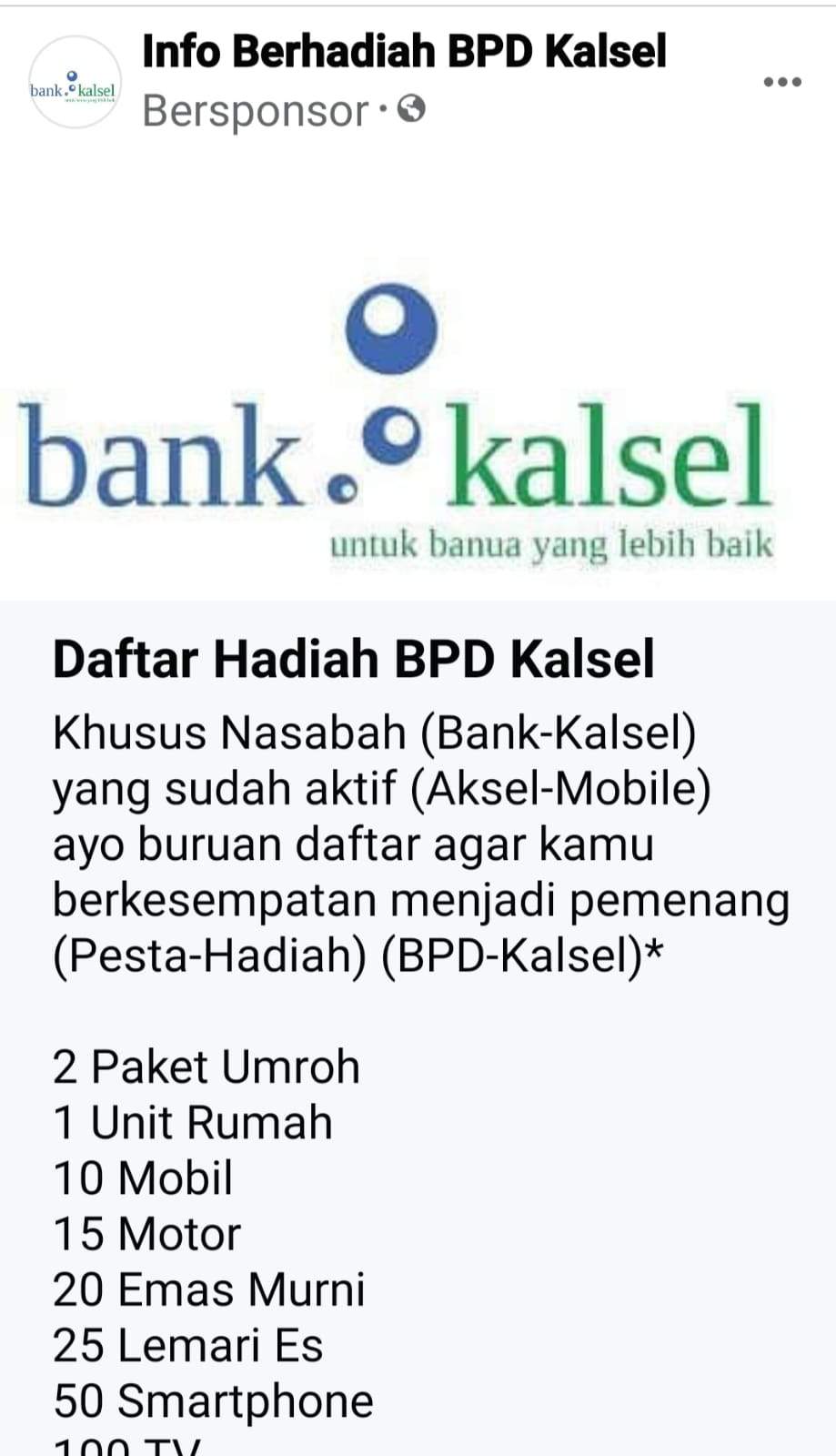 Screenshot penipuan mengatasnamakan Bank Kalsel melalui Facebook.