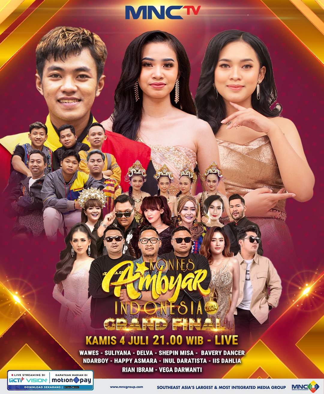MNCTV menayangkan secara langsung Grand Final Kontes Ambyar Indonesia pada Kamis, 4 Juli 2024, pukul 21.00 WIB. Foto: MNCTV