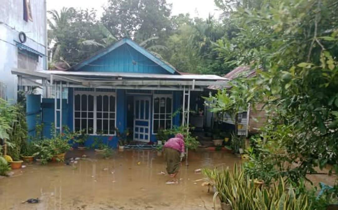 Tampak air yang tergenang di pekarangan salah satu rumah warga desa, di Kecamatan Awayan, Balangan, hampir menggenangi rumah, akibat luapan air sungai Awayan. Foto: TRC BPBD Balangan