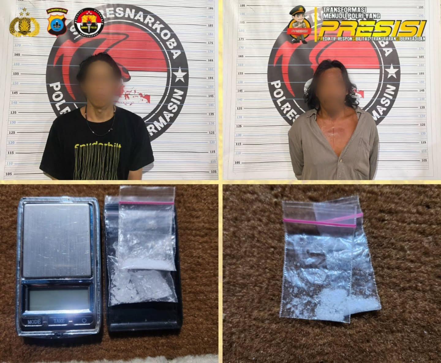 Dua pelaku penyalahgunaan narkotika beserta barang bukti diamnakan polisi. Foto: Humas Polsek Banjarmasin Tengah