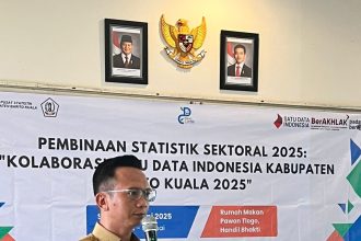 Kepala Dinas Komunikasi dan Informatika (Diskominfo) Barito Kuala, Hery Sasmita, saat menyampaikan meteri dan sebagai Narasumber Kegiatan Pembinaan Statistik Sektoral Tahun 2025 , berlangsung di Pawon Tlogo, Handil Bakti, Kecamatan Alalak, pada Selasa (24/06/2025).