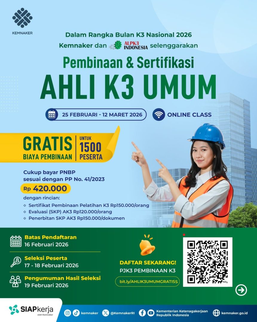 Kemnaker Buka Pelatihan Ahli K3 Umum Gratis
