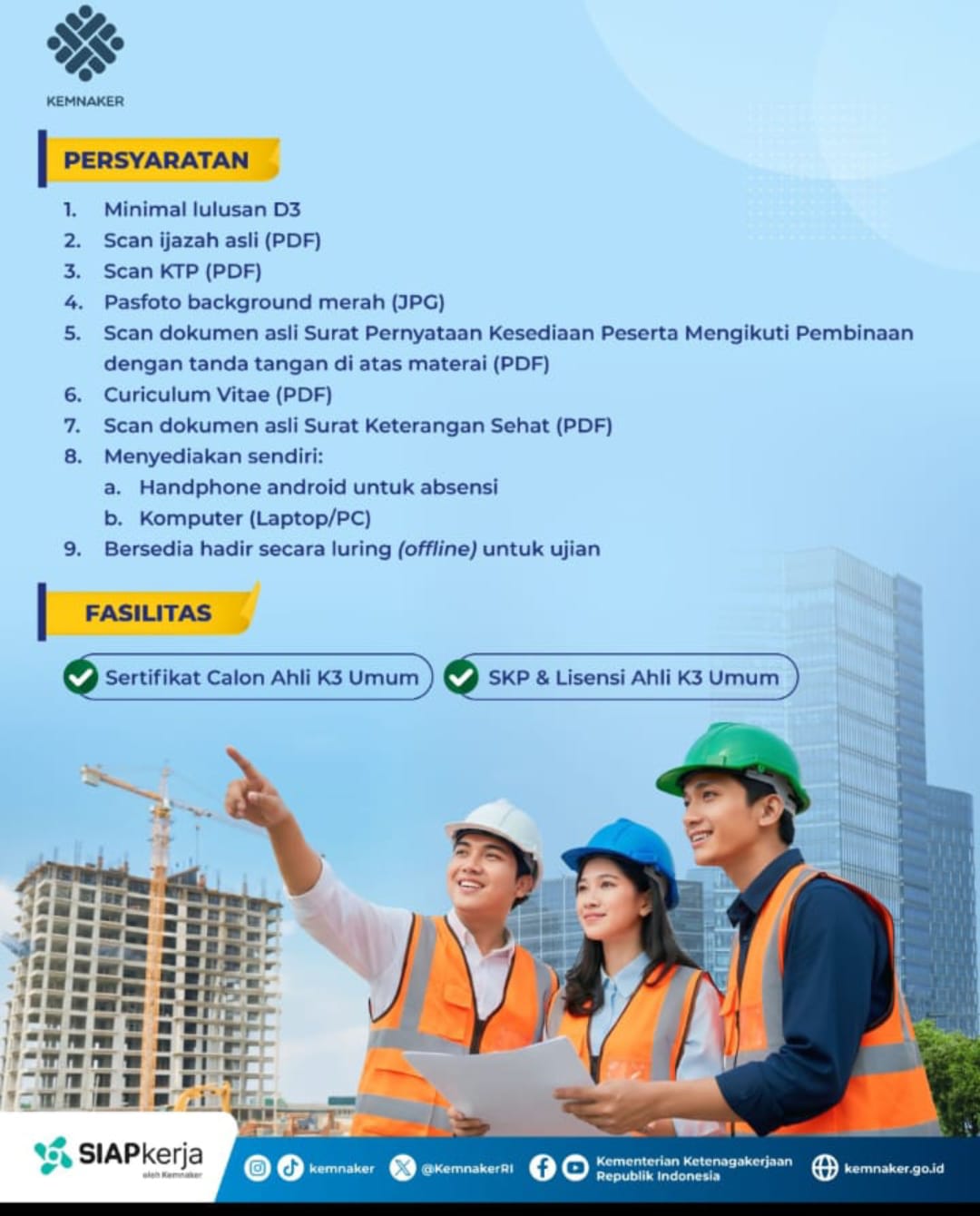 Gebrakan Baru! Kemnaker Buka Pelatihan Ahli K3 Umum Gratis 