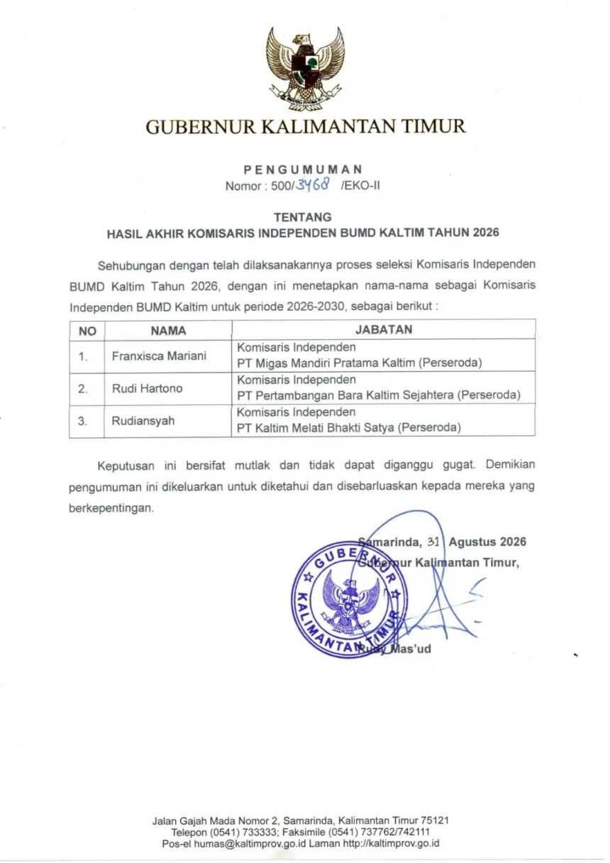 Tiga Komisaris Independen BUMD Kaltim Ditetapkan, Perkuat Fungsi Pengawasan Perusahaan